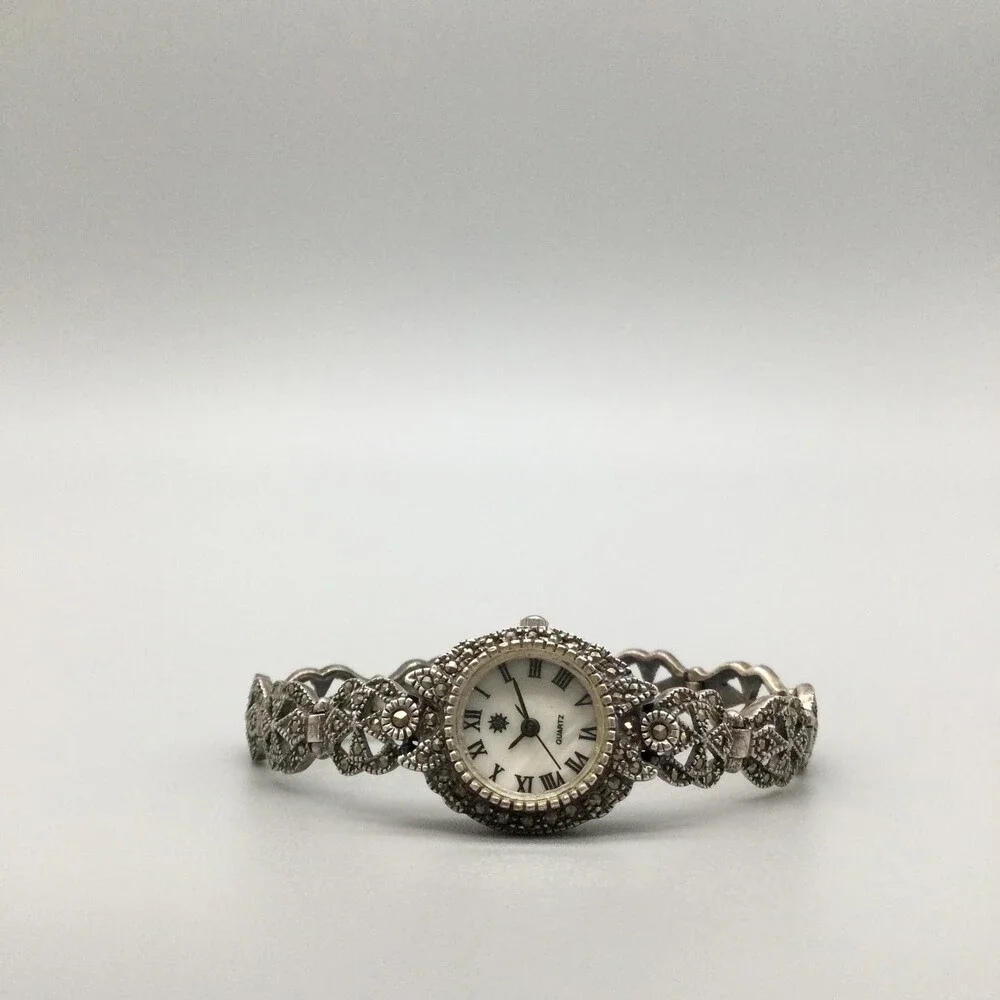 Vintage Marcasite Womens Watch 20mm 925 Sterling Silver New Battery 7.25
